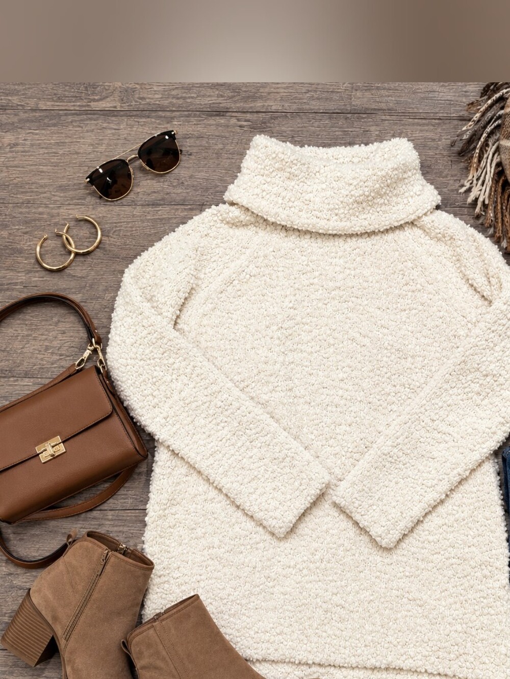 Pink Rose Cream Bouclé Turtleneck Sweater